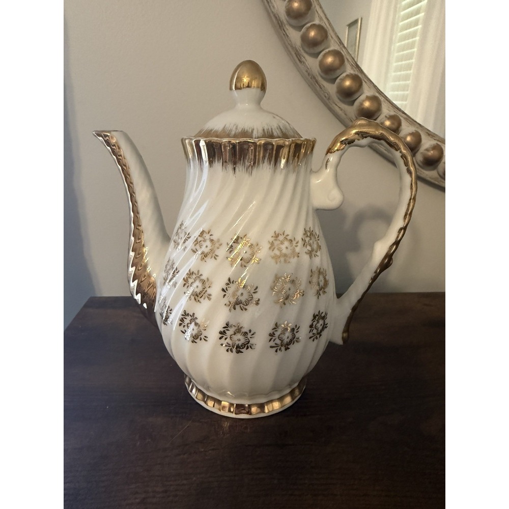 Vintage 1950s Japan Porcelain Coffee Pot Gold Floral Swirl Lidded 8" - Picture 2 of 9